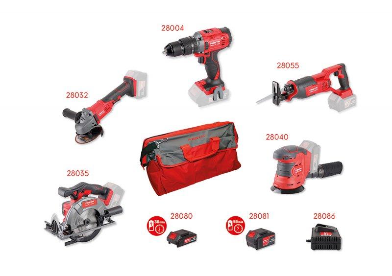 FESTA SHARE 20V værktøjssæt med fem maskiner, batterier, oplader og taske