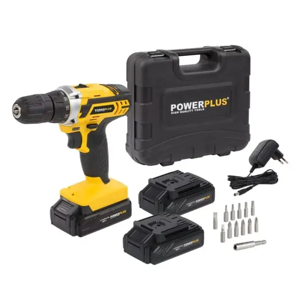 PowerPlus POWX00501 20V bore- og skruemaskine med tre batterier og kuffert